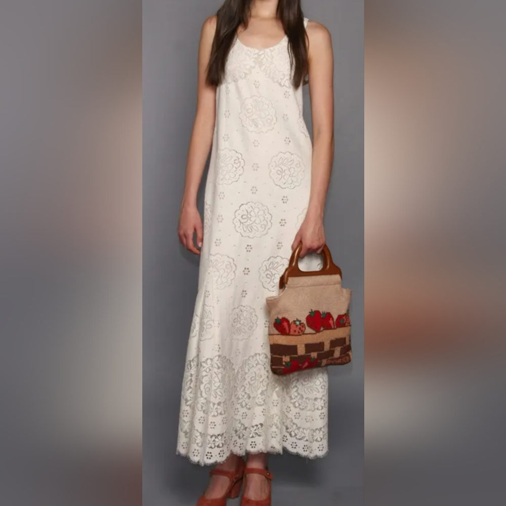 Anna Sui Boho Cream Lace Sleeveless Maxi Dress Size 6